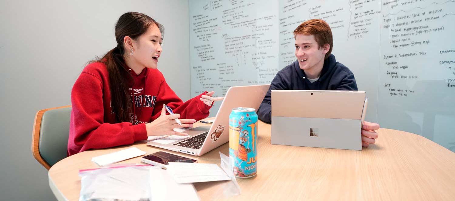 Two students go over notes on their computers